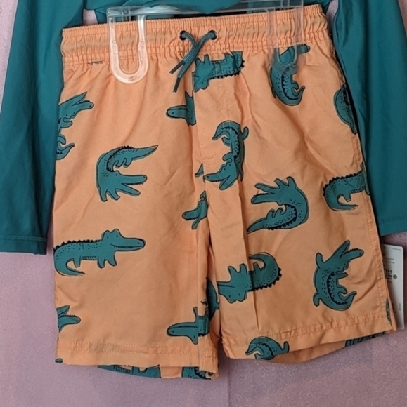 Carter's Orange and Teal Alligator Print Rashguard and Swim Trunks Matching Set - Picture 2 of 7